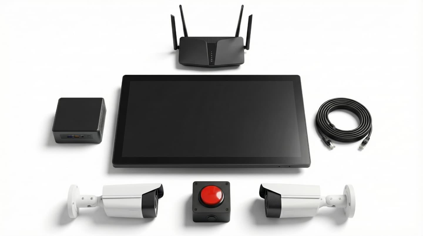 Complete Courtreel hardware kit including cameras, server, kiosk, and button