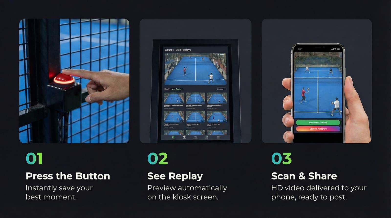 Courtreel replay flow: button press, replay on screen, QR scan and save
